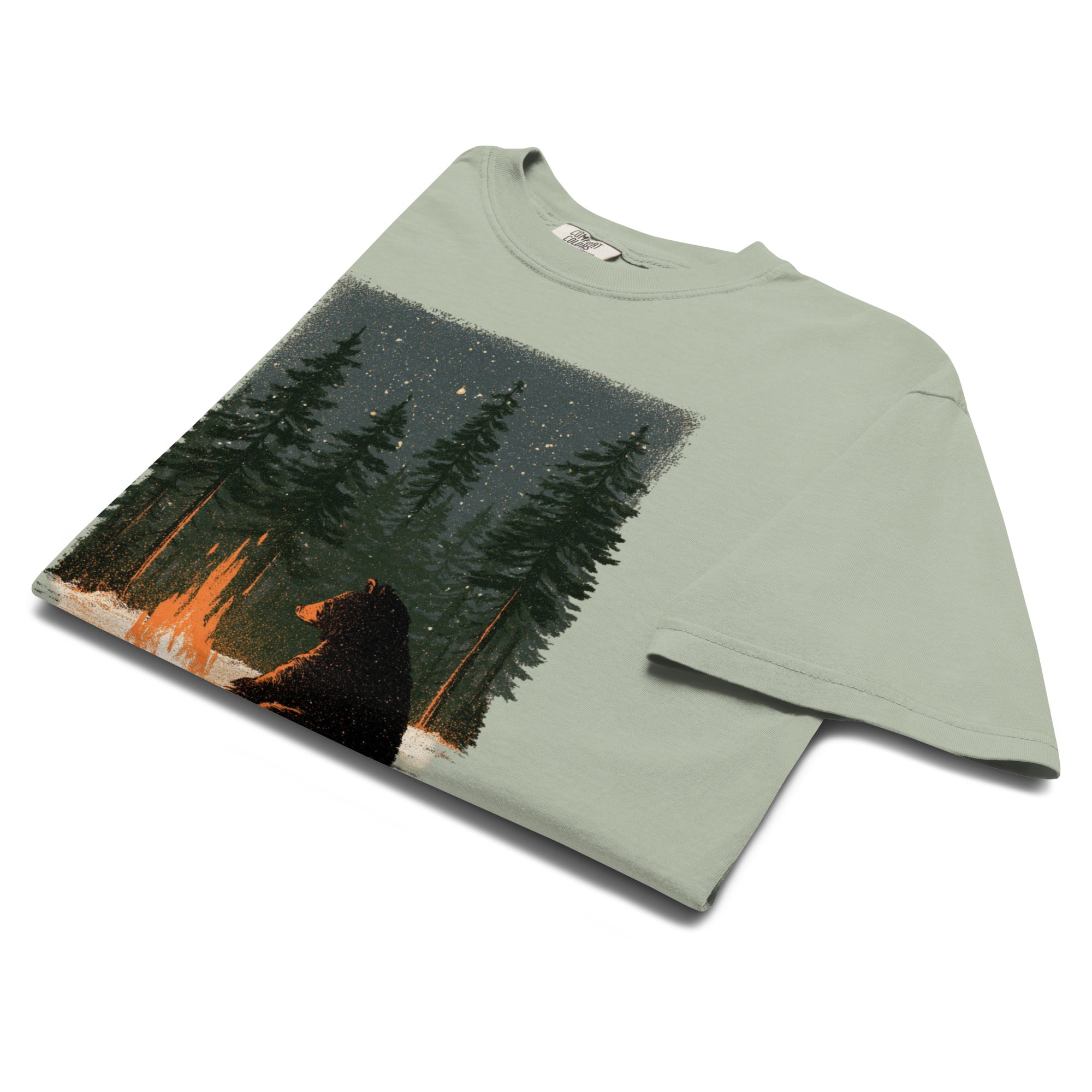 Black bear by a winter campfire design on a Bay garment-dyed cotton t-shirt