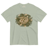 Fox asleep in a Christmas wreath design on a Bay garment-dyed cotton t-shirt
