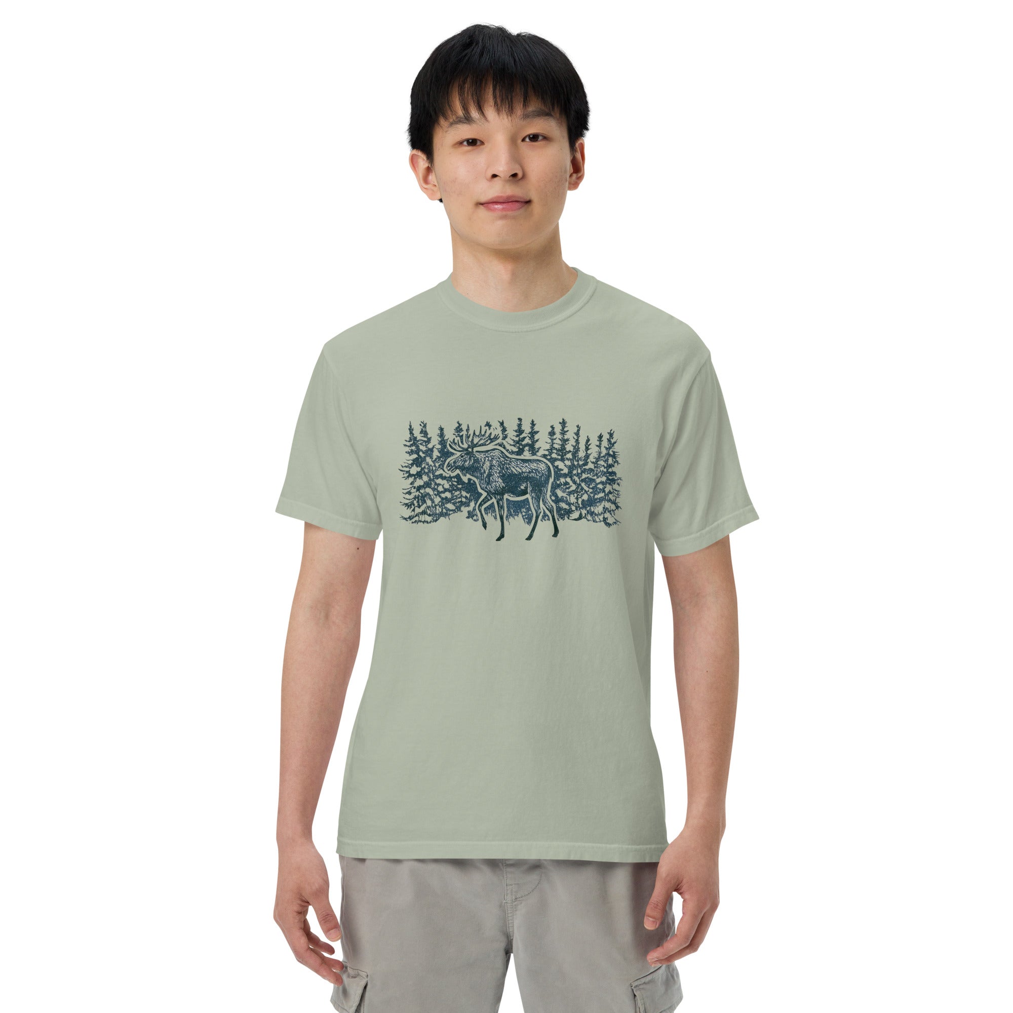 Moose in the winter woods design on a Bay garment-dyed cotton t-shirt
