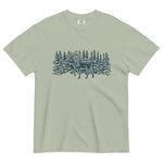 Moose in the winter woods design on a Bay garment-dyed cotton t-shirt