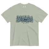 Moose in the winter woods design on a Bay garment-dyed cotton t-shirt