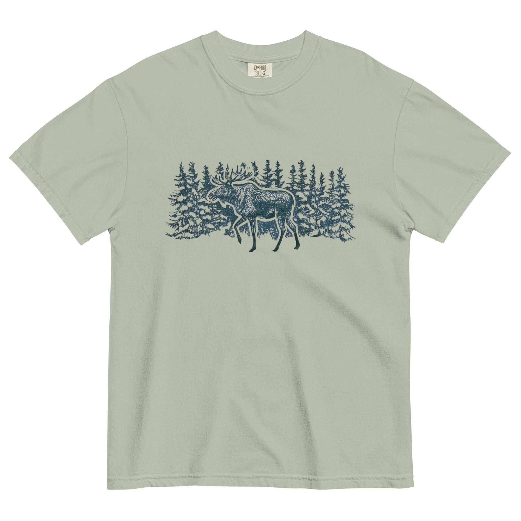 Moose in the winter woods design on a Bay garment-dyed cotton t-shirt