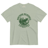 Moose wilderness badge design on a Bay garment-dyed cotton t-shirt