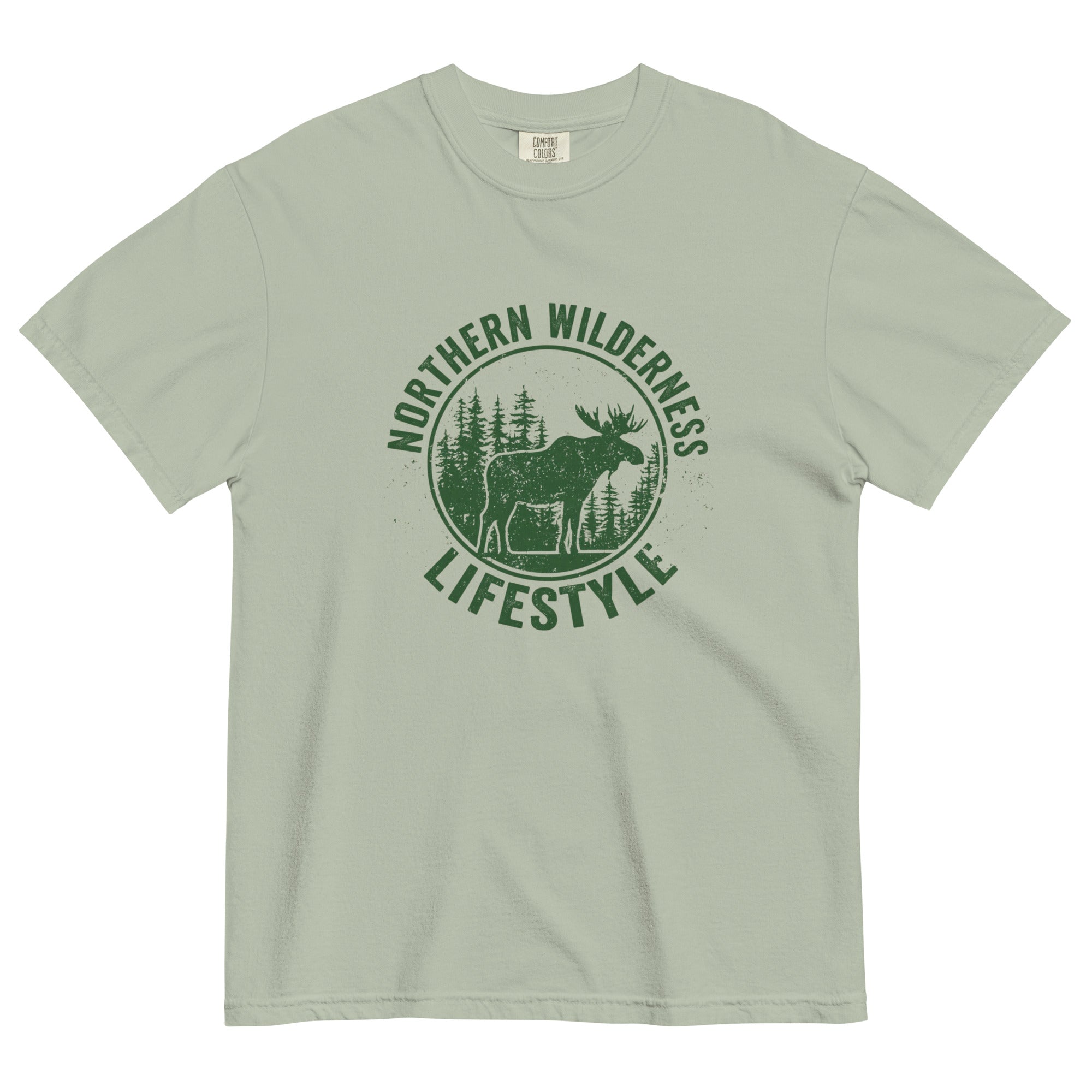 Moose wilderness badge design on a Bay garment-dyed cotton t-shirt