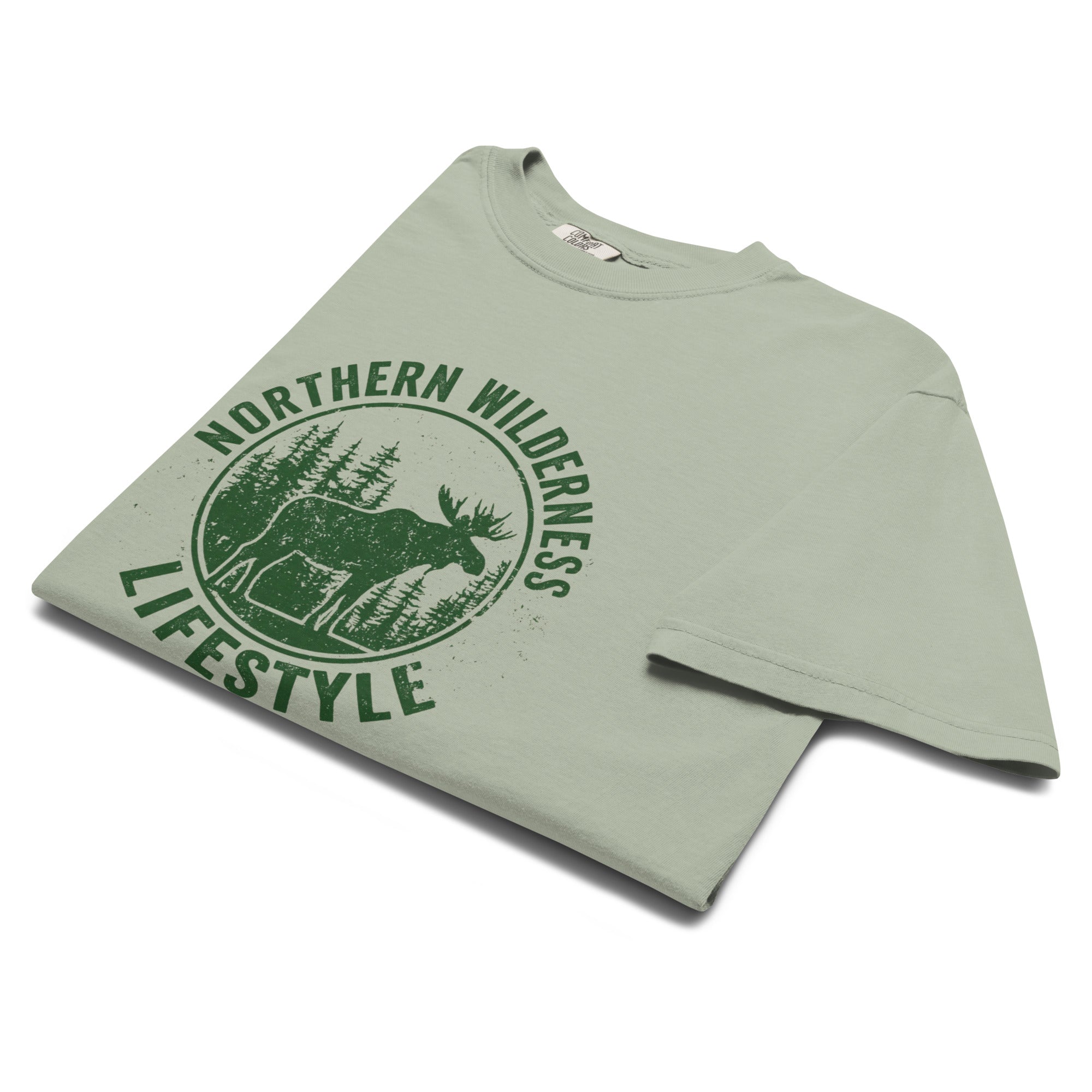 Moose wilderness badge design on a Bay garment-dyed cotton t-shirt