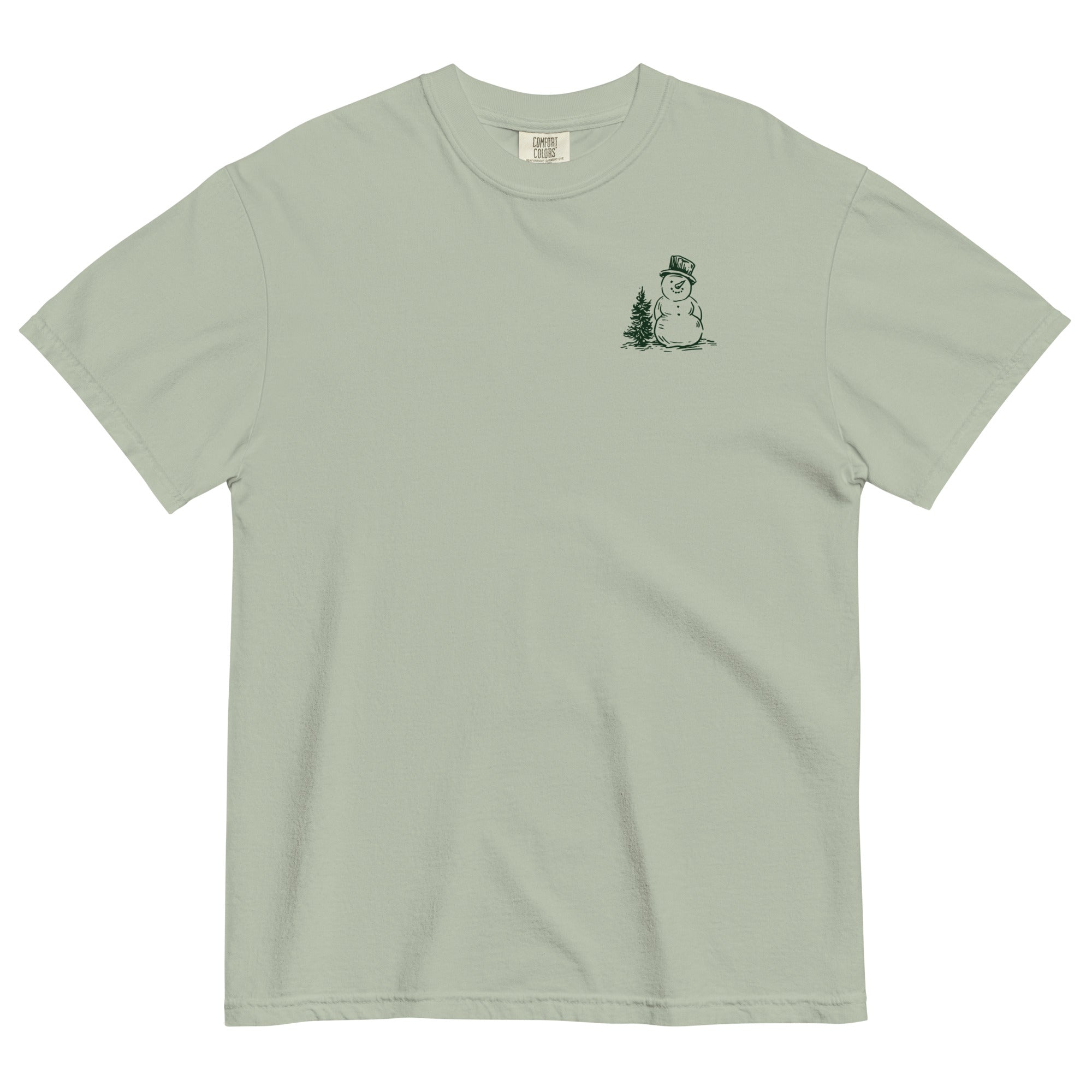 Snowman and pine tree design on a Bay garment-dyed cotton t-shirt