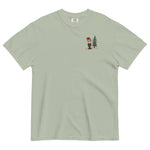 Elf and pine tree design on a Bay garment-dyed cotton t-shirt