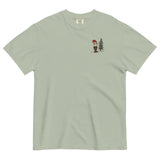 Elf and pine tree design on a Bay garment-dyed cotton t-shirt