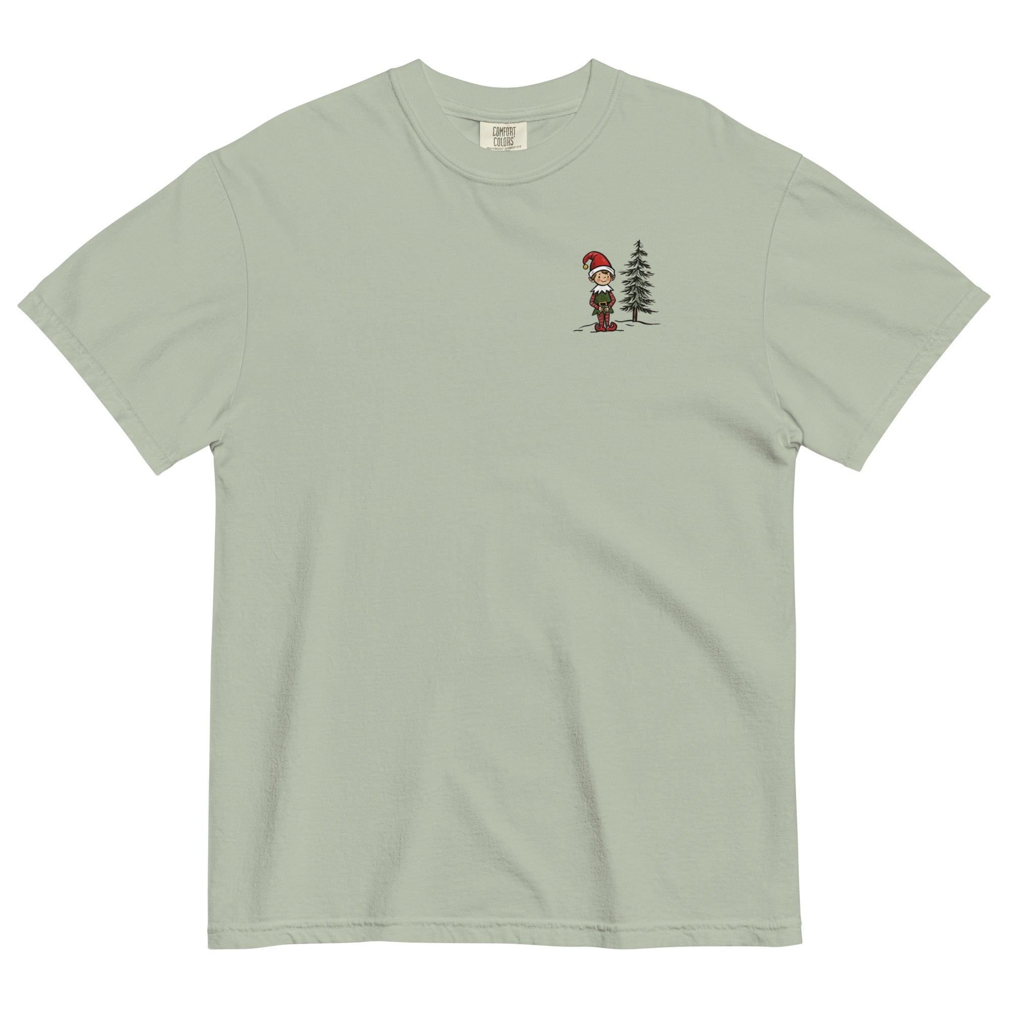 Elf and pine tree design on a Bay garment-dyed cotton t-shirt