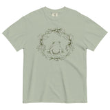 Frog in a holly wreath design on a Bay garment-dyed cotton t-shirt