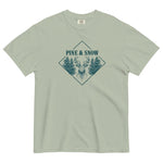 Stag emblem with pine and snow design on a Bay garment-dyed cotton t-shirt
