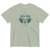 Stag emblem with pine and snow design on a Bay garment-dyed cotton t-shirt
