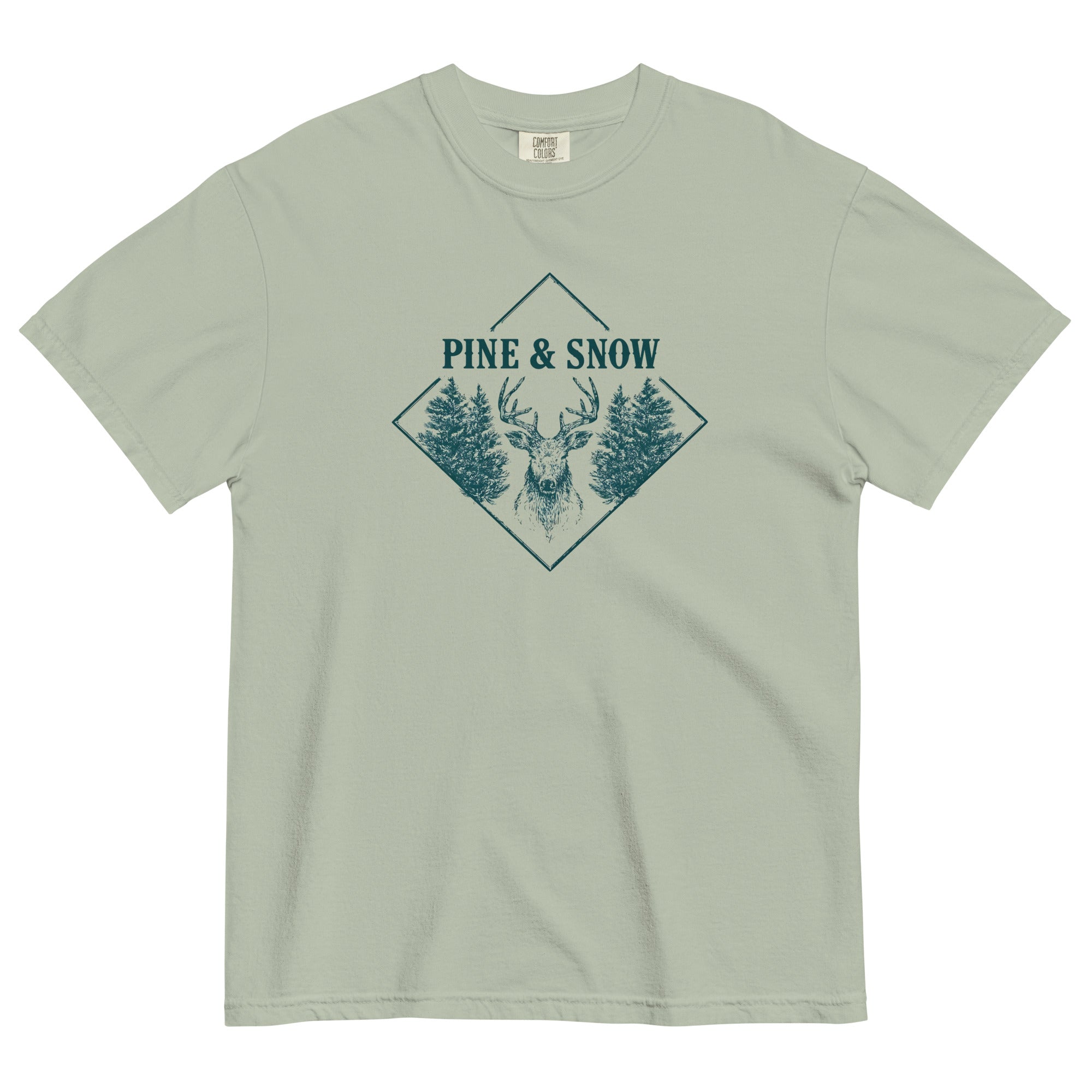 Stag emblem with pine and snow design on a Bay garment-dyed cotton t-shirt