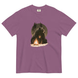 Bear and campfire design on a Berry garment-dyed cotton t-shirt