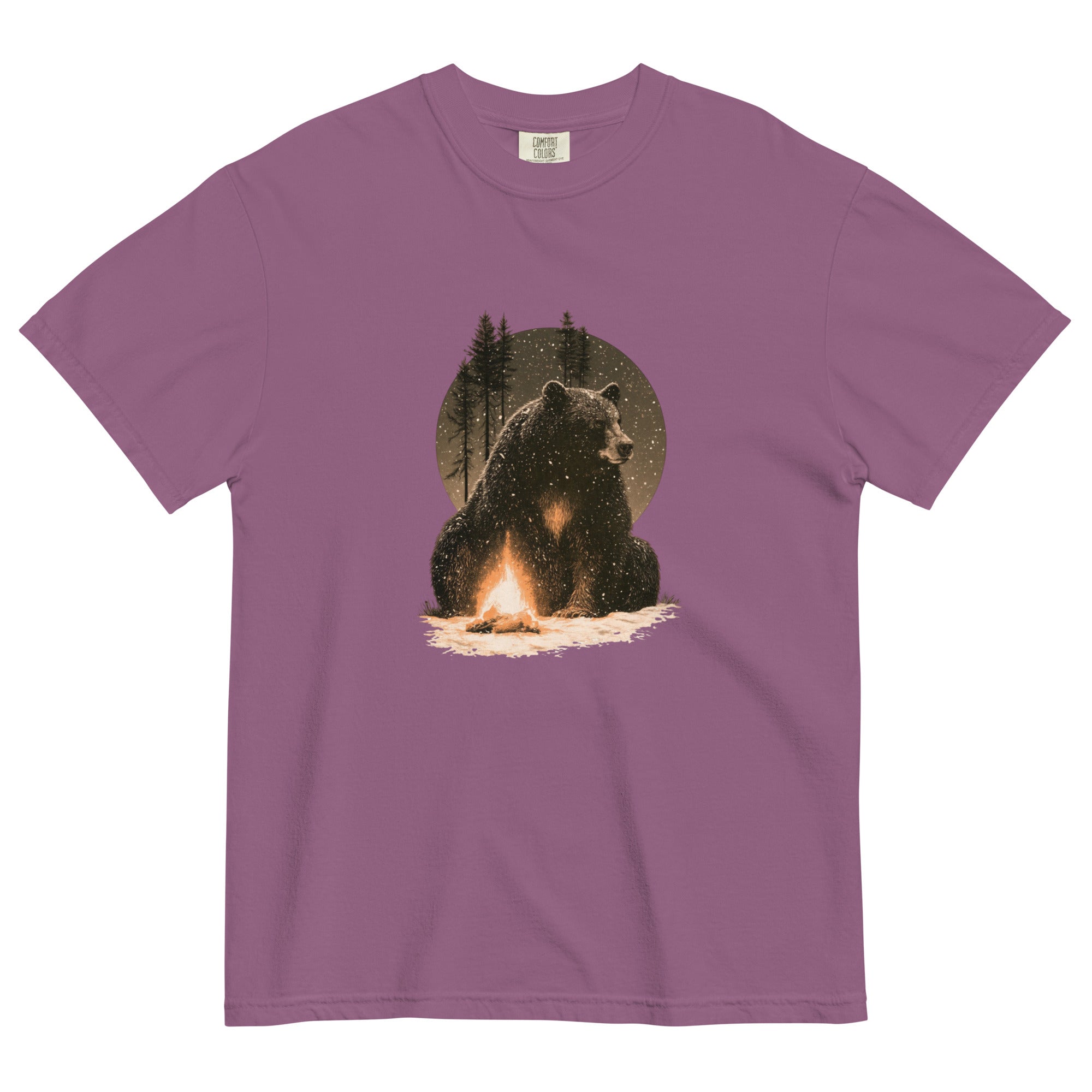 Bear and campfire design on a Berry garment-dyed cotton t-shirt