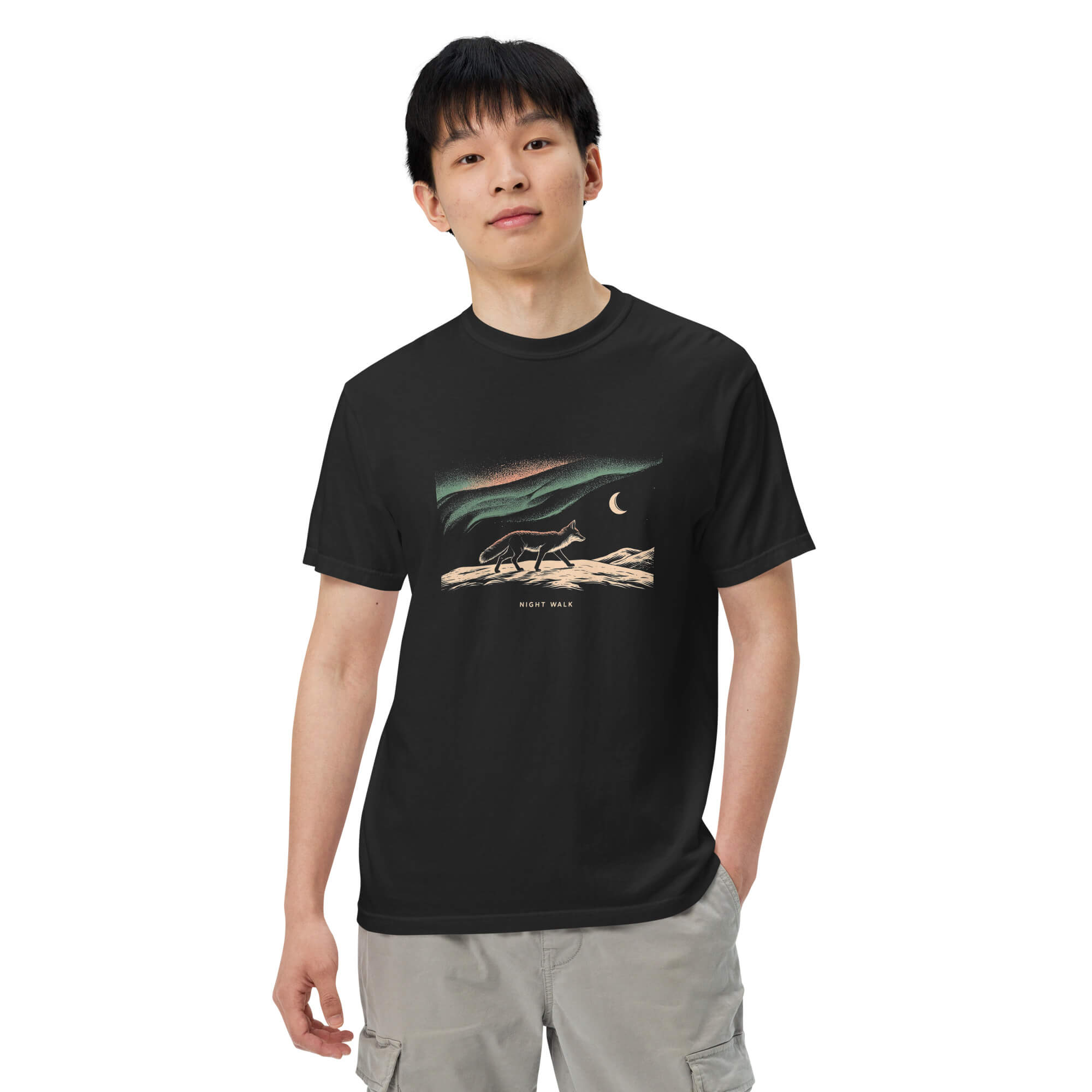 Fox and northern lights design on a Black garment-dyed cotton t-shirt