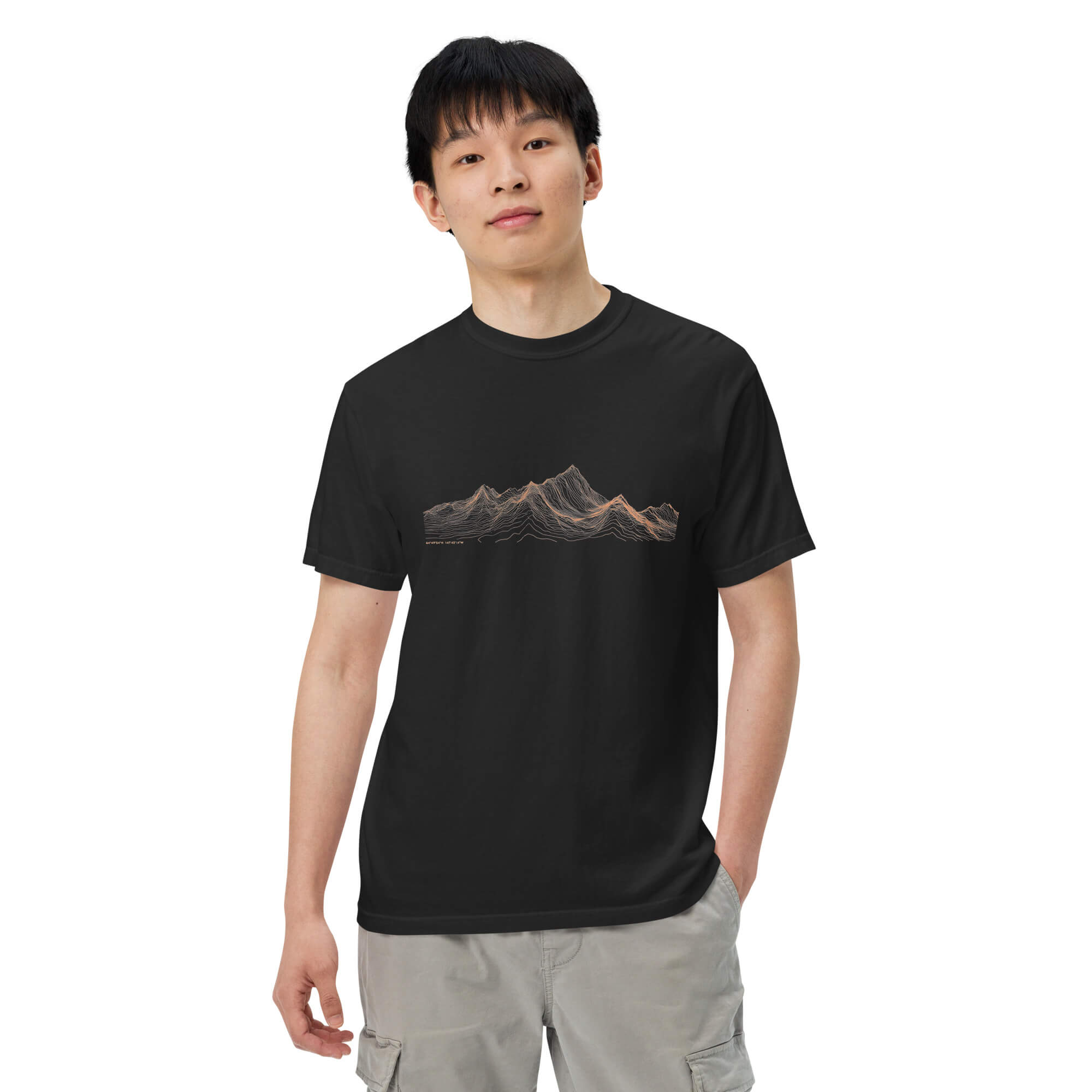 Mountain range topographic design on a Black garment-dyed cotton t-shirt