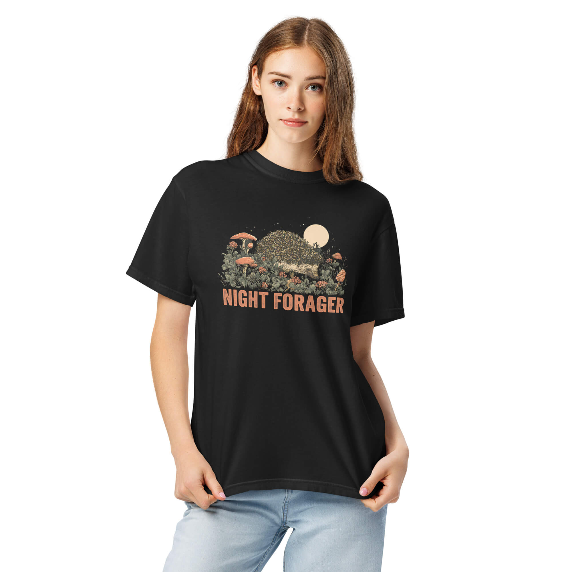 Hedgehog and mushrooms design on a Black garment-dyed cotton t-shirt