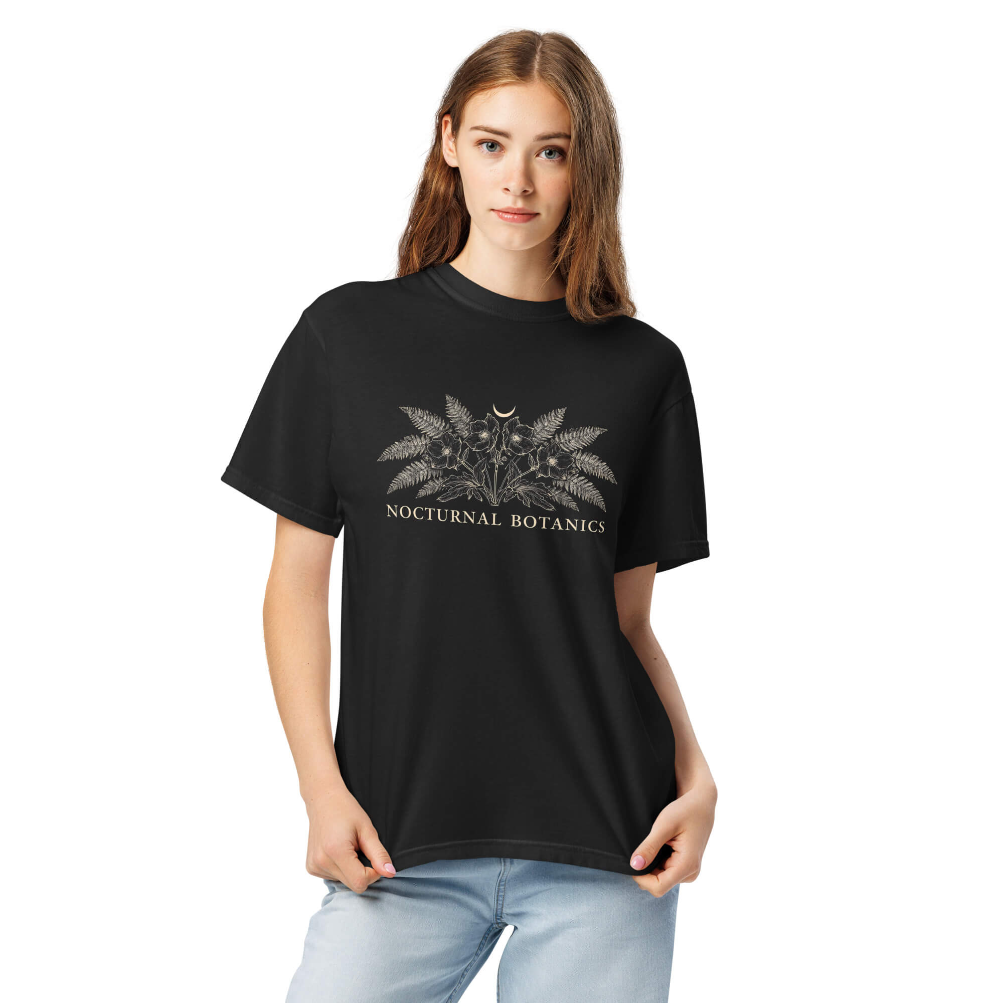 Nocturnal Botanics fern and flower design on a Black garment-dyed cotton t-shirt