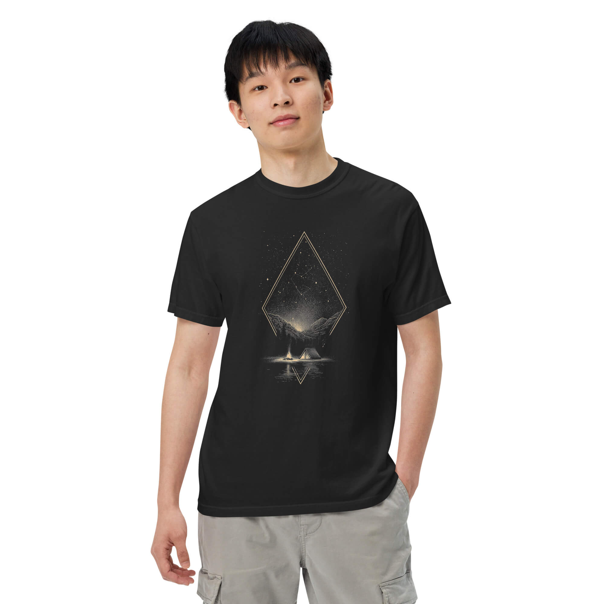 Camping under the stars design on a Black garment-dyed cotton t-shirt