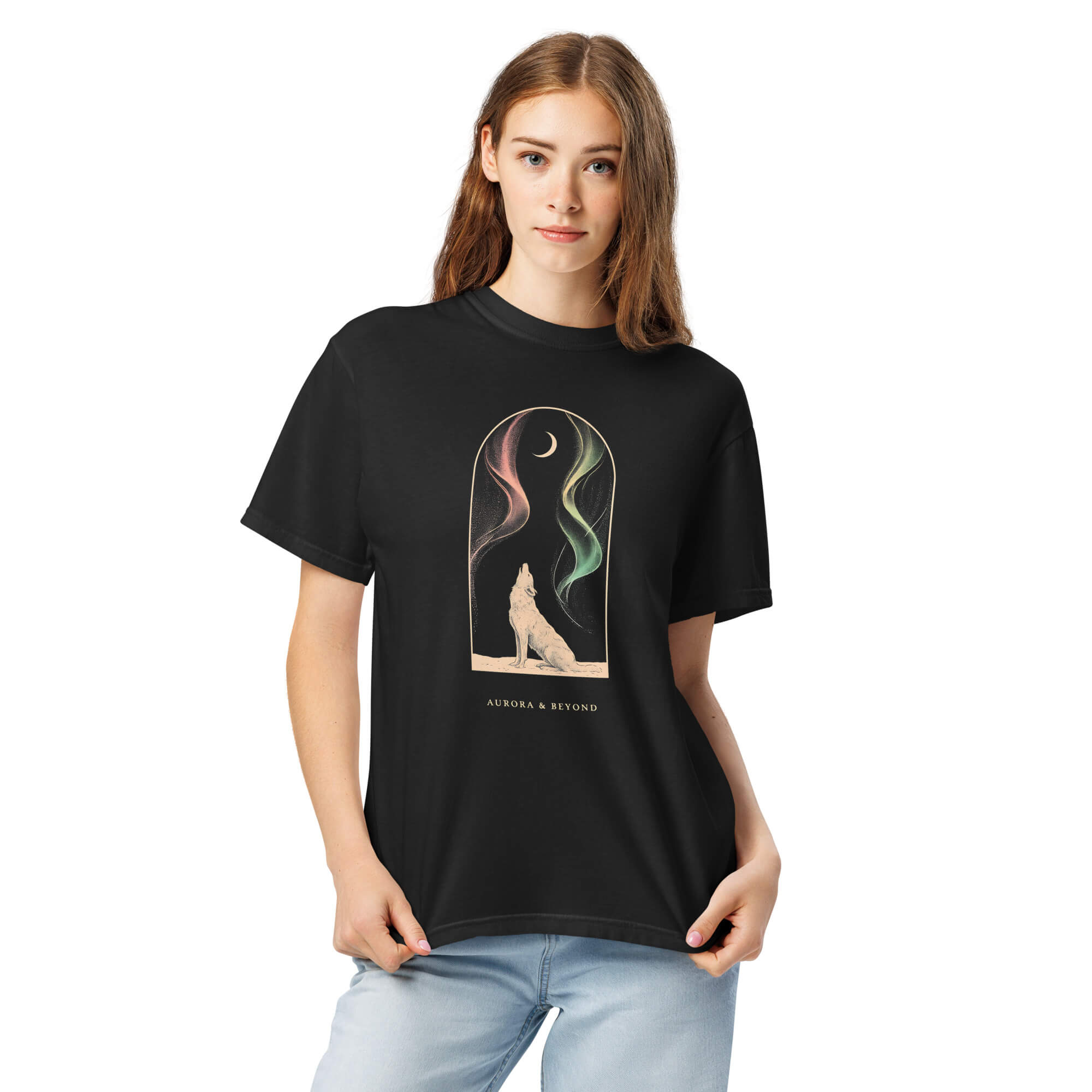 Howling wolf and aurora design on a Black garment-dyed cotton t-shirt