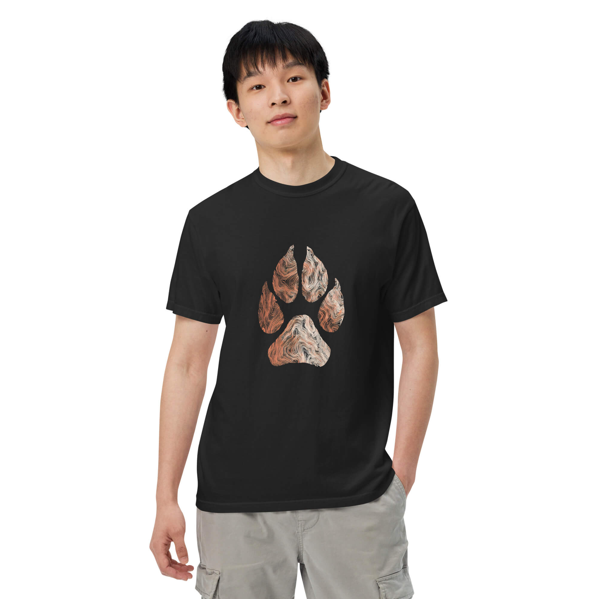 Wolf paw topographic design on a Black garment-dyed cotton t-shirt