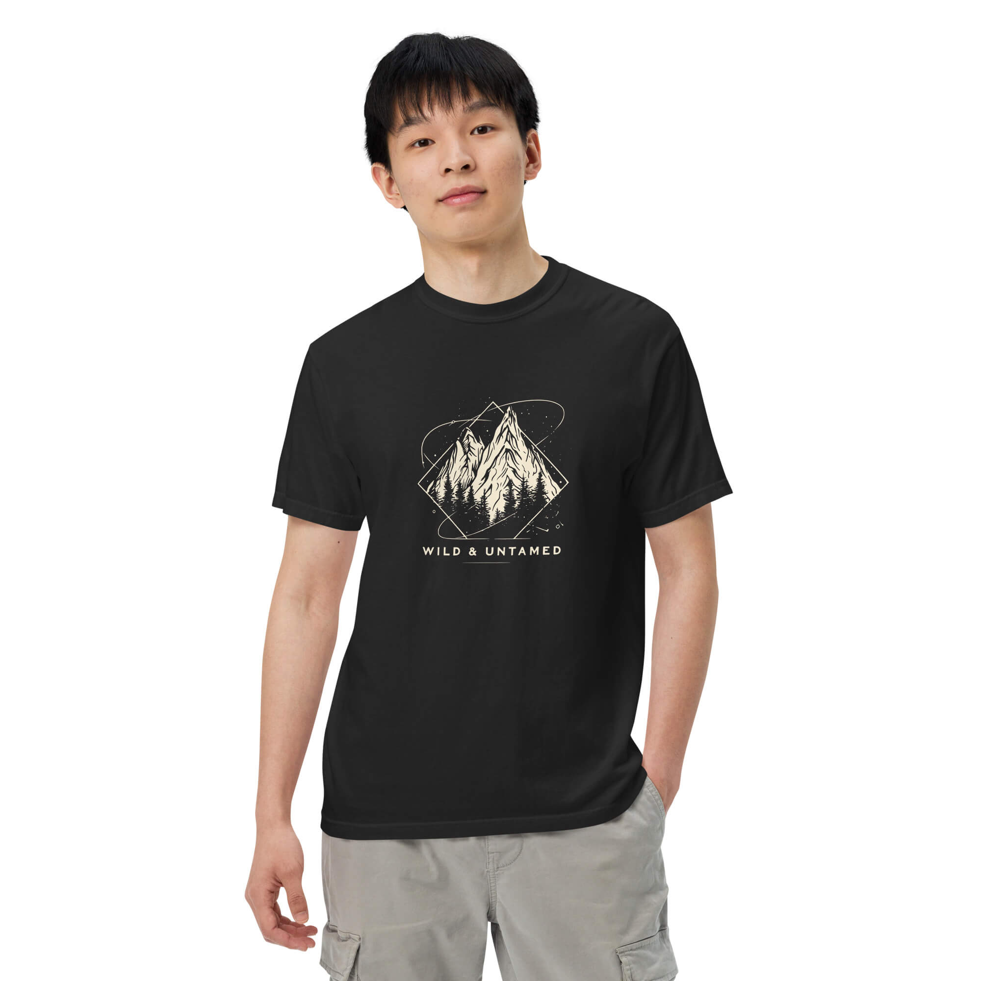 Mountain peaks and orbital rings design on a Black garment-dyed cotton t-shirt