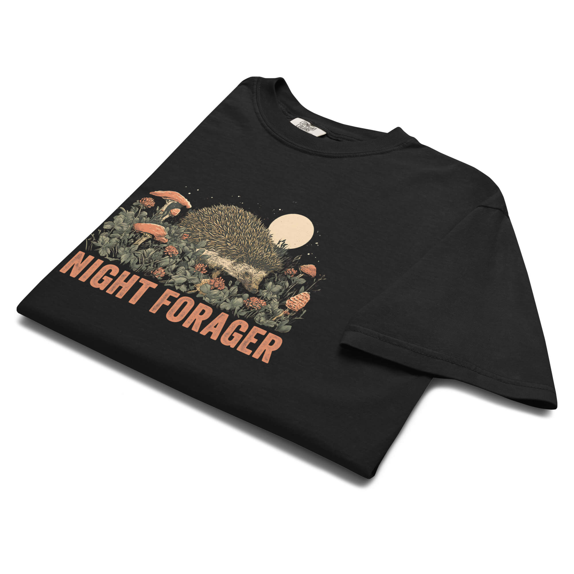 Hedgehog and mushrooms design on a Black garment-dyed cotton t-shirt