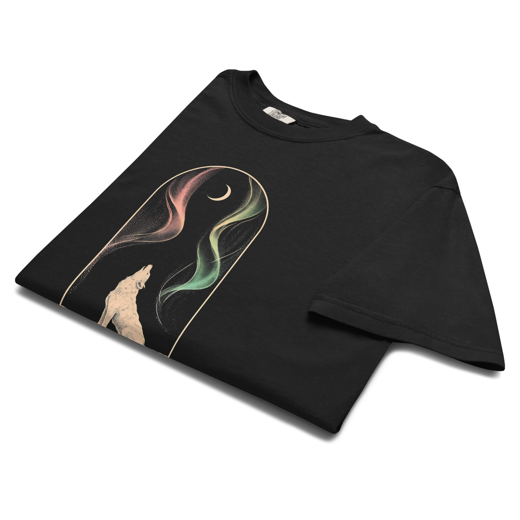 Howling wolf and aurora design on a Black garment-dyed cotton t-shirt