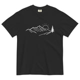 Mountain sunrise line design on a Black garment-dyed cotton t-shirt