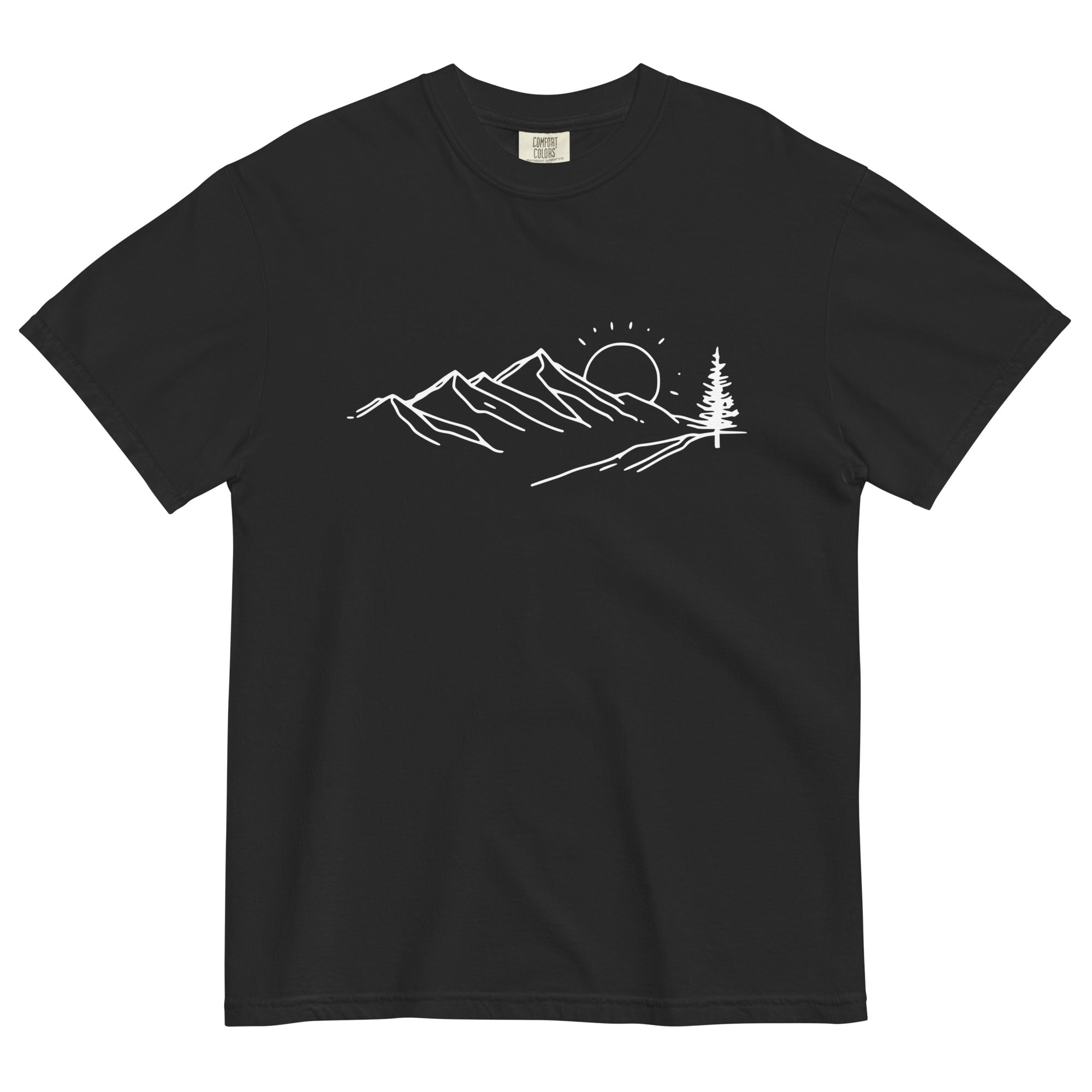 Mountain sunrise line design on a Black garment-dyed cotton t-shirt