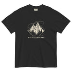 Mountain peaks and orbital rings design on a Black garment-dyed cotton t-shirt