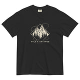 Mountain peaks and orbital rings design on a Black garment-dyed cotton t-shirt