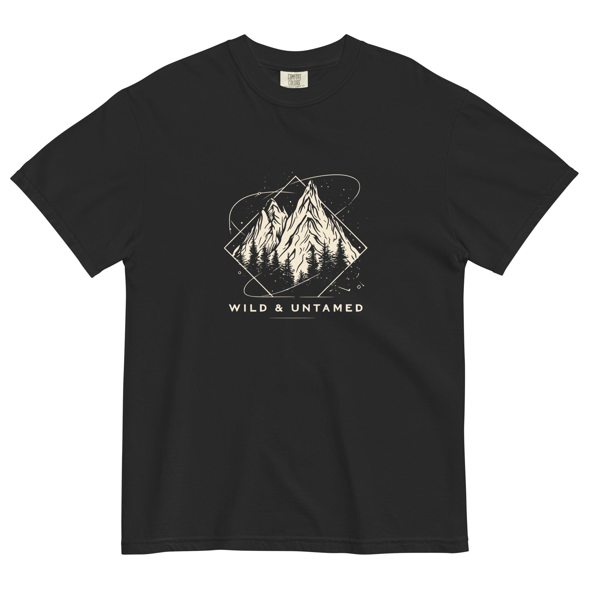 Mountain peaks and orbital rings design on a Black garment-dyed cotton t-shirt