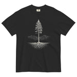 Pine tree and roots design on a Black garment-dyed cotton t-shirt