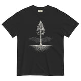 Pine tree and roots design on a Black garment-dyed cotton t-shirt