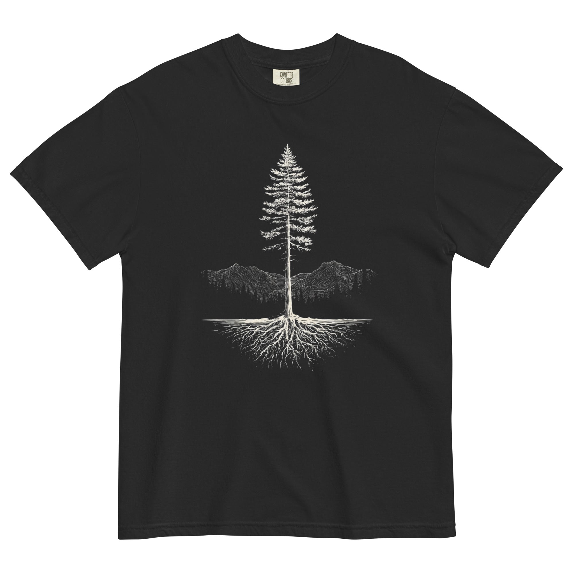 Pine tree and roots design on a Black garment-dyed cotton t-shirt