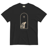 Wolf and star design on a Black garment-dyed cotton t-shirt