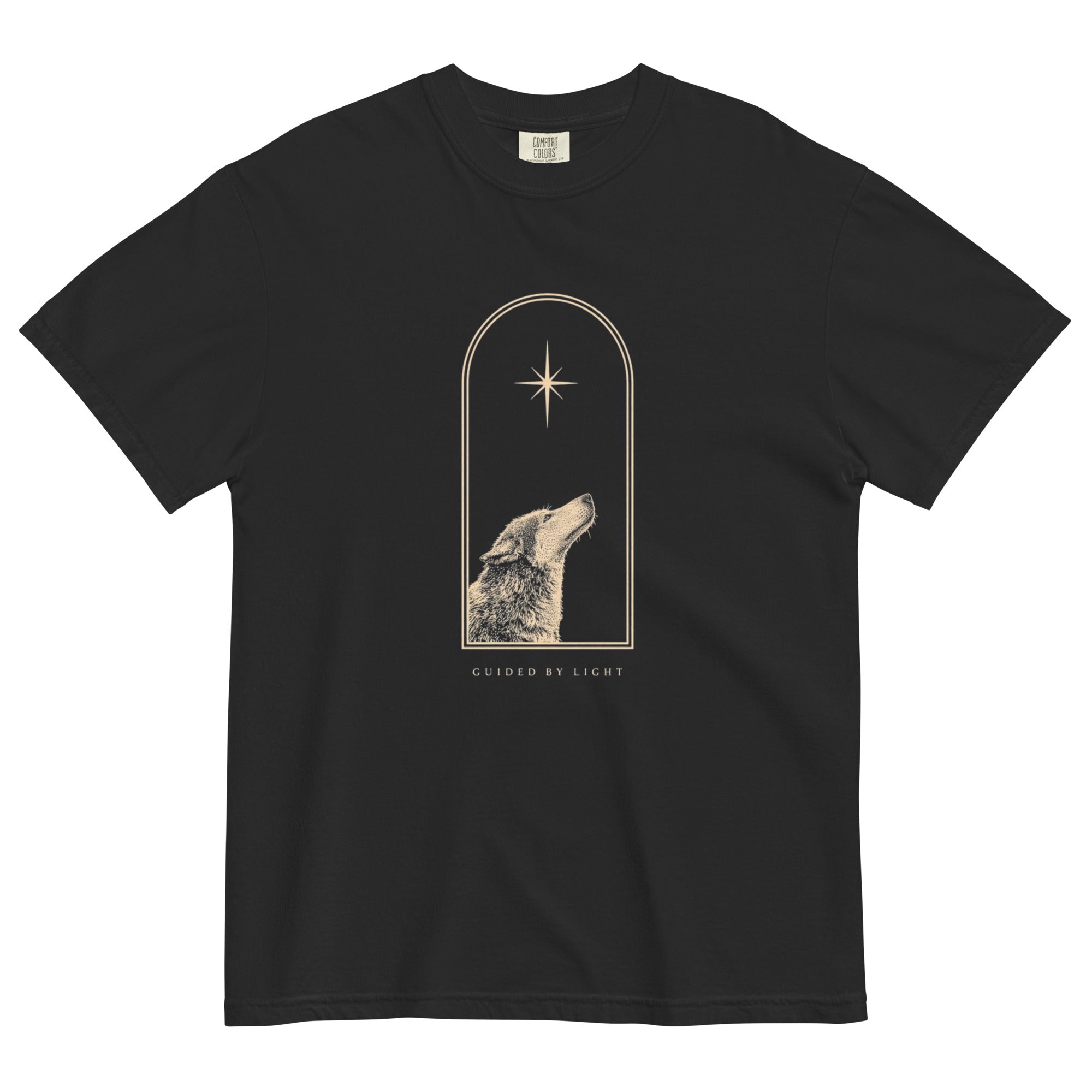 Wolf and star design on a Black garment-dyed cotton t-shirt