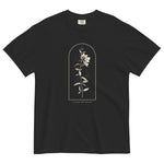 Wildflower and constellation design on a Black garment-dyed cotton t-shirt