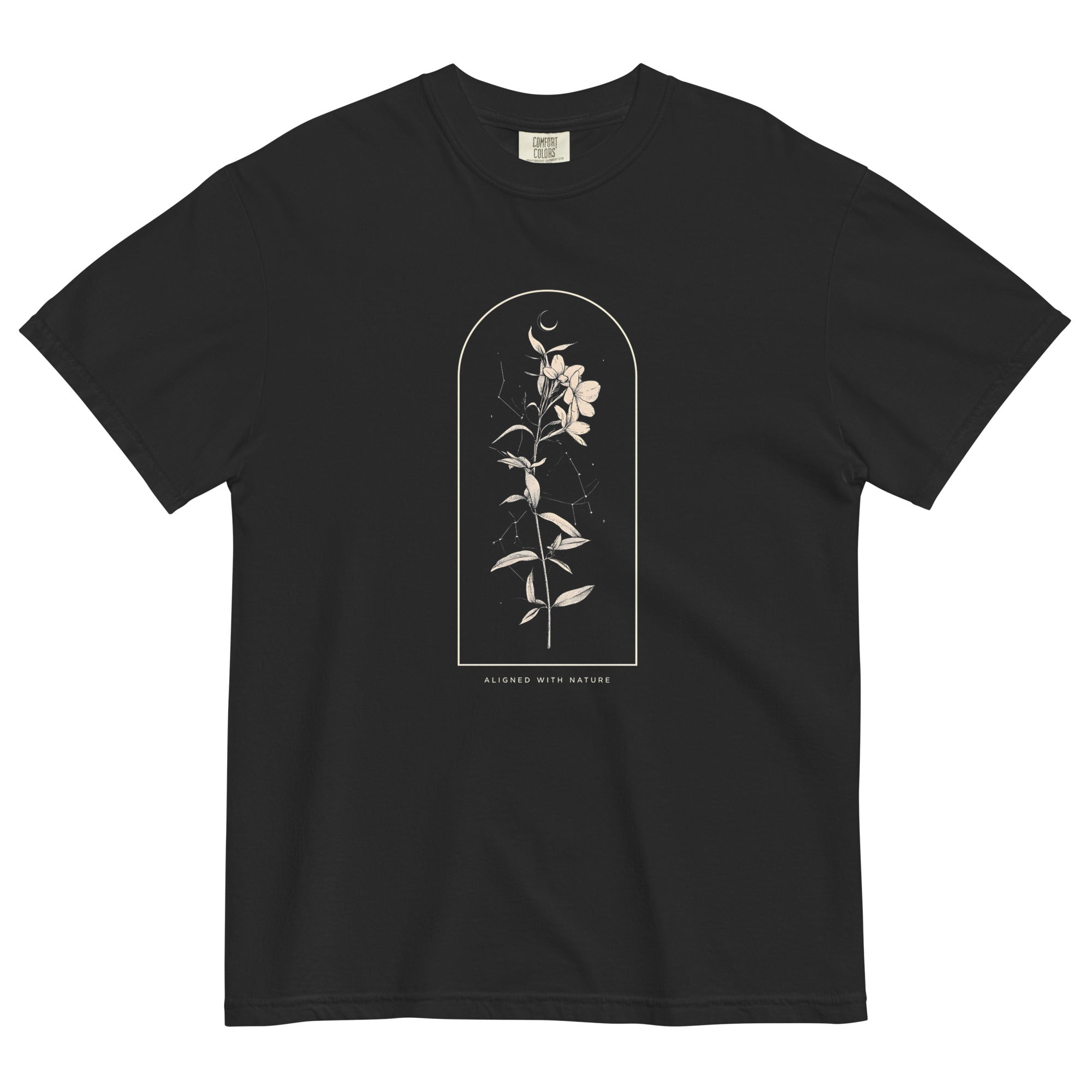 Wildflower and constellation design on a Black garment-dyed cotton t-shirt