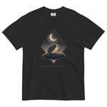 Hedgehog and crescent moon design on a Black garment-dyed cotton t-shirt