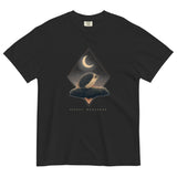 Hedgehog and crescent moon design on a Black garment-dyed cotton t-shirt