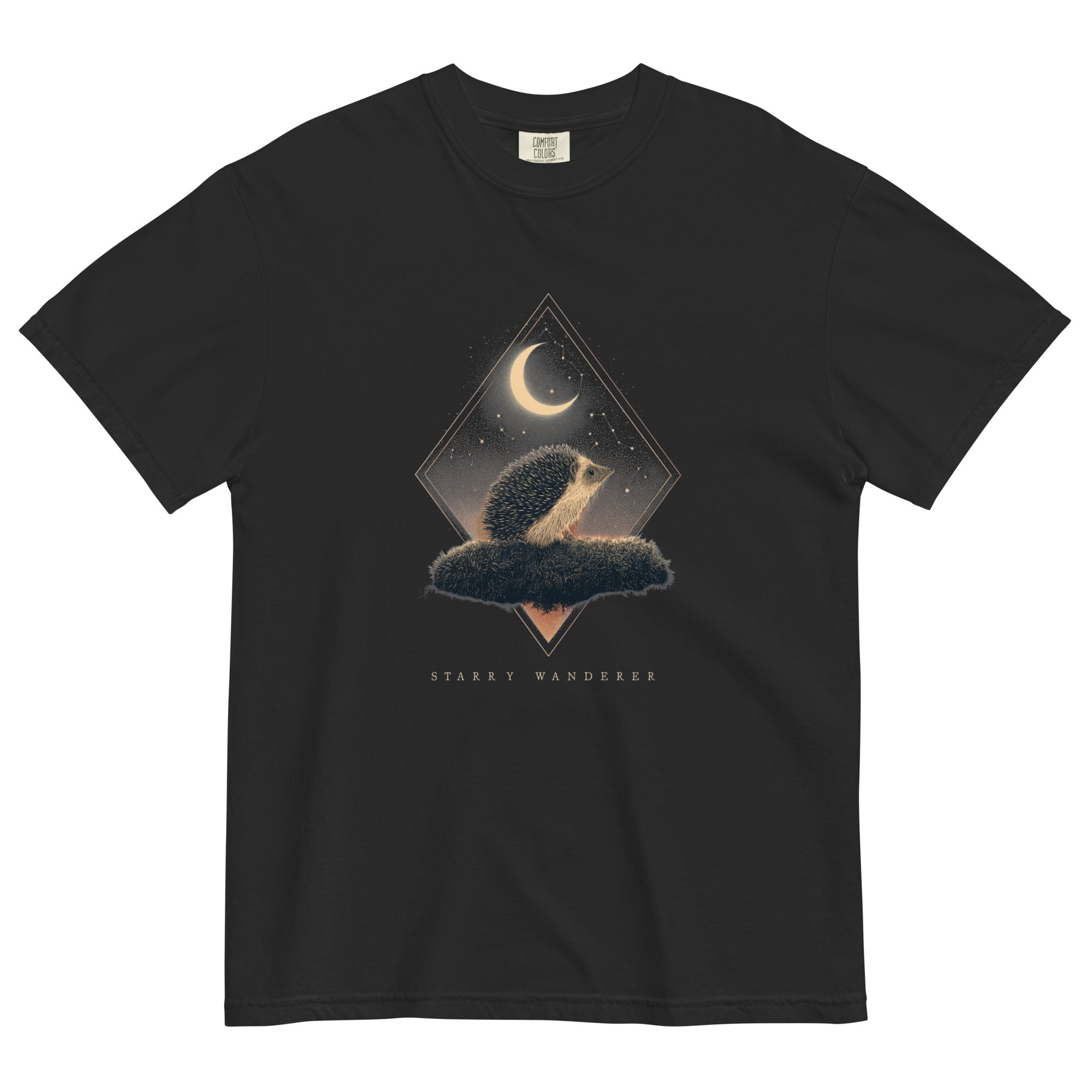 Hedgehog and crescent moon design on a Black garment-dyed cotton t-shirt