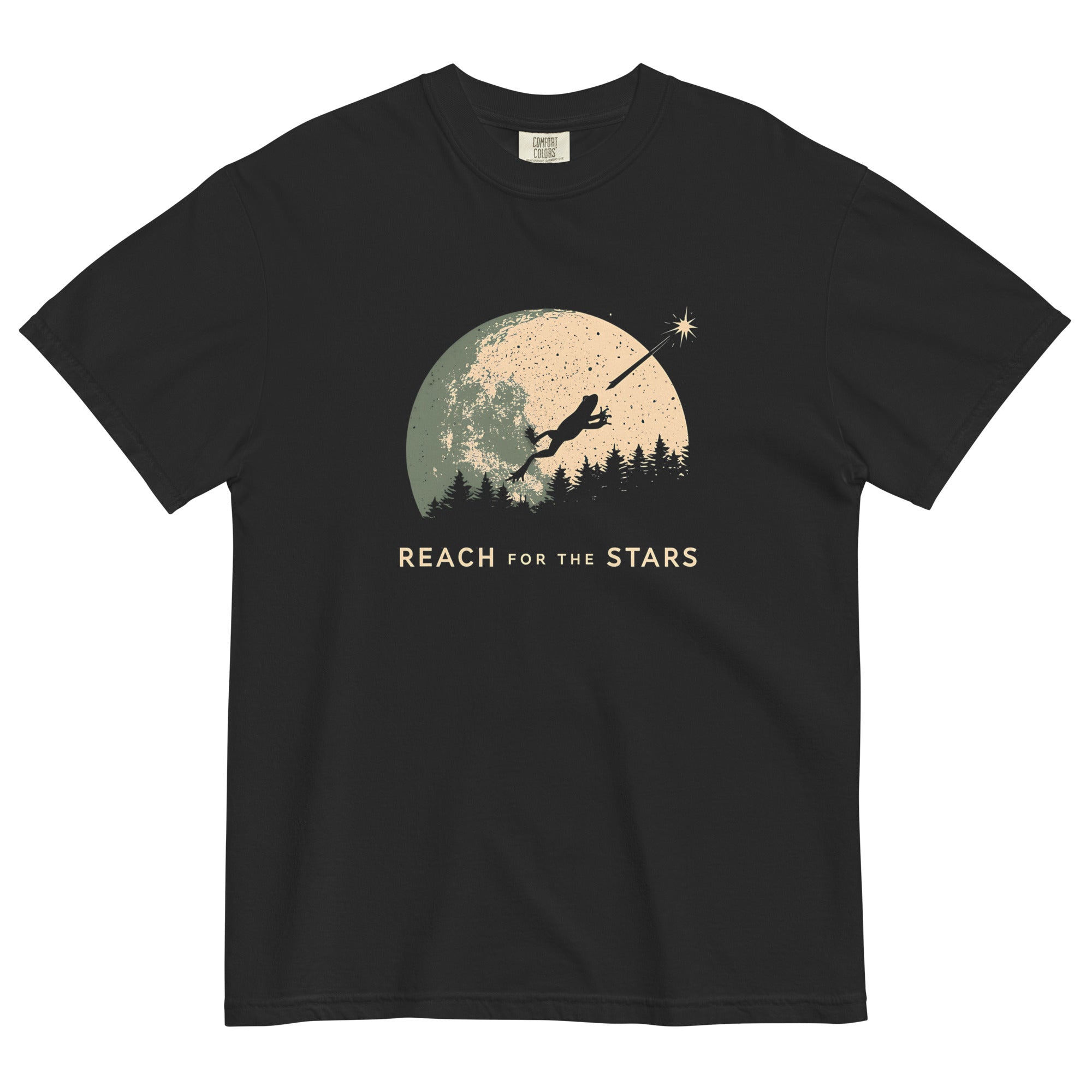 Frog and full moon design on a Black garment-dyed cotton t-shirt
