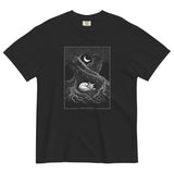 Sleeping fox and ancient tree design on a Black garment-dyed cotton t-shirt