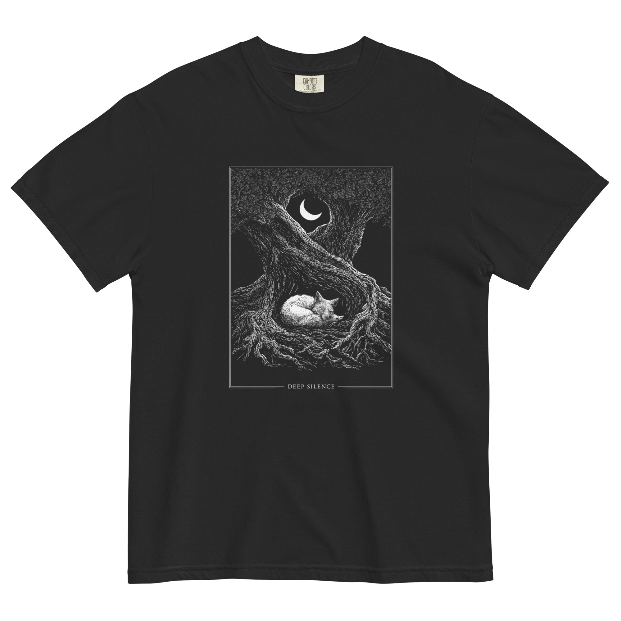 Sleeping fox and ancient tree design on a Black garment-dyed cotton t-shirt