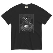 Sleeping fox and ancient tree design on a Black garment-dyed cotton t-shirt