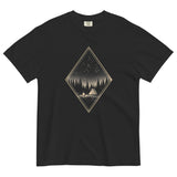 Camping tent and starfield design on a Black garment-dyed cotton t-shirt