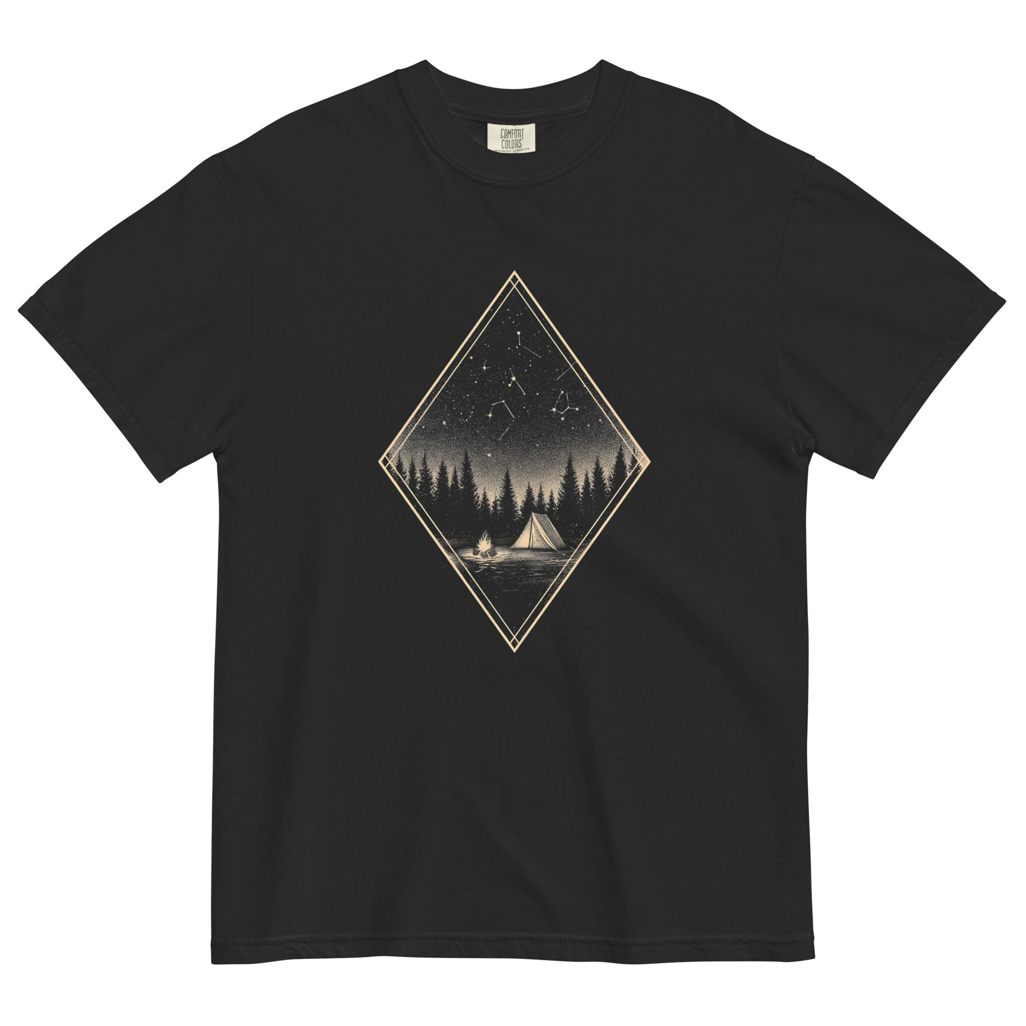 Camping tent and starfield design on a Black garment-dyed cotton t-shirt